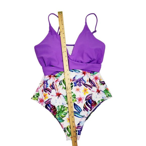 Womens Purple Floral One-Piece Swimsuit Binlowis Size XL Adjustable Straps - Picture 6 of 10